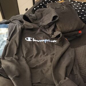 Champion Black Hoodie with Blue Logo